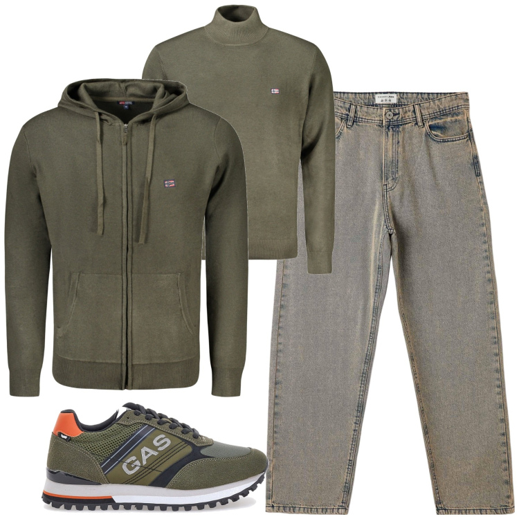 Outfit uomo - Al parco. Stile Casual per Tutti i giorni. Abbinamento con jeans, sneakers, cardigans, maglieria.