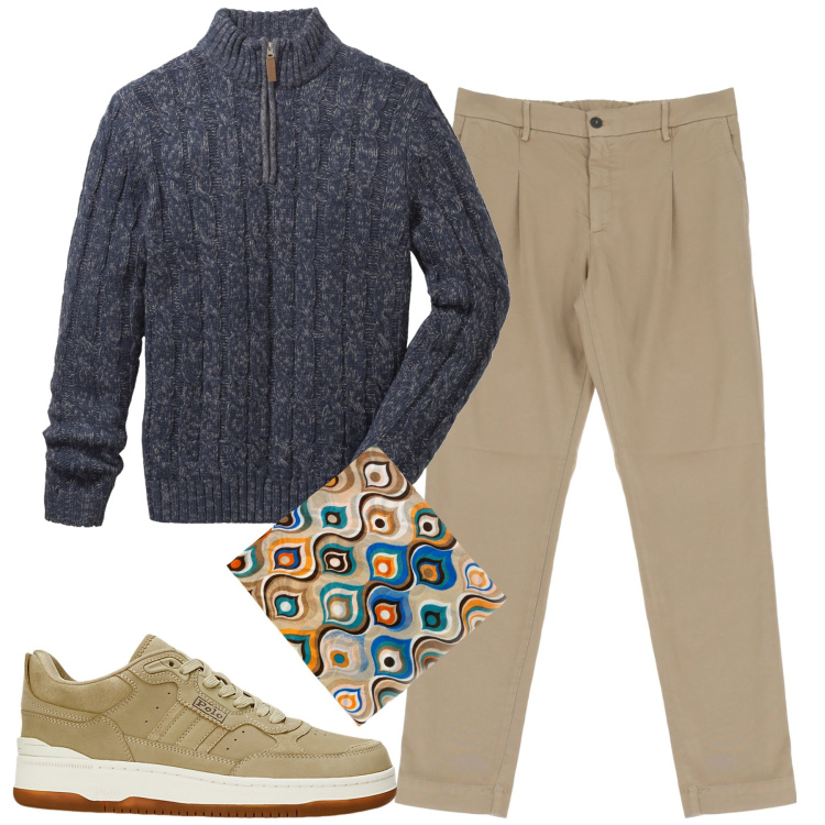 Outfit uomo - La maglia con la zip. Stile Casual per Tutti i giorni. Abbinamento con maglieria, sciarpe, pantaloni chino, sneakers.