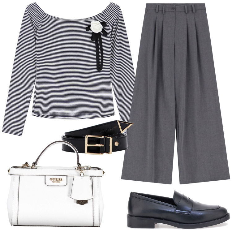 Outfit donna - Ufficio. Stile Casual per Ufficio. look ideale per Petite. Abbinamento con pantaloni, pullovers, cinture, mocassini, borse a tracolla.