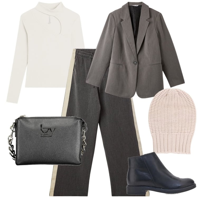 Outfit donna - Look power casual - Curvy style. Stile Mannish per Ufficio. Abbinamento con blazer, pantaloni, berretti, maglieria, stivaletti, borse a spalla.