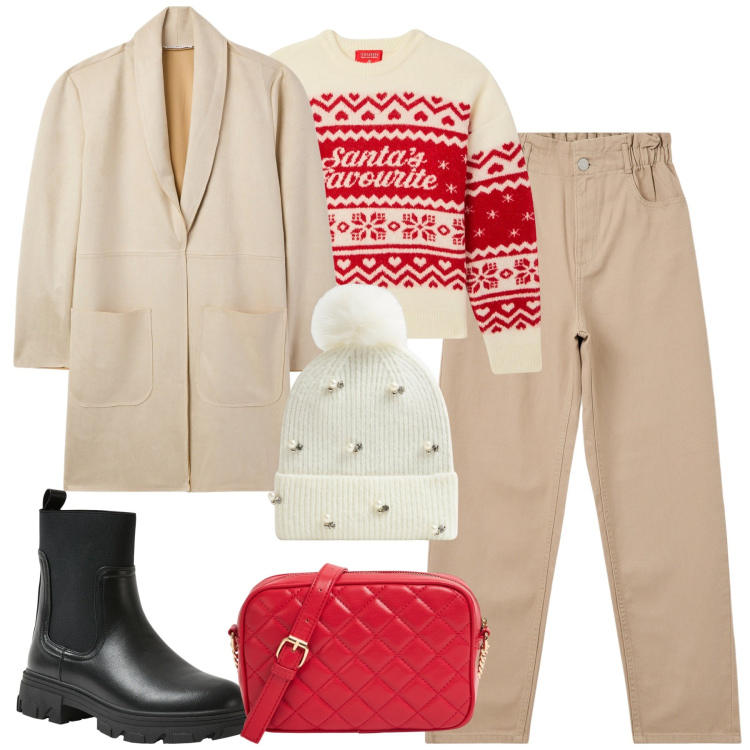 Outfit donna - Christmas shopping. Stile Casual per Tutti i giorni. Abbinamento con pantaloni, berretti, maglieria, trench, stivaletti chelsea, borse a tracolla.