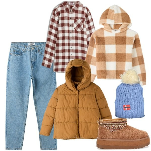 Outfit donna - Visitando mercatini. Stile Urban per Tutti i giorni. Abbinamento con camicie, jeans mom, piumini, felpe con cappuccio, stivaletti, berretti.