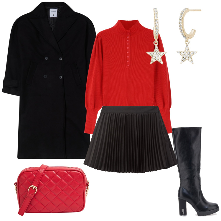 Outfit donna - Versione natalizia. Stile Preppy per Serata fuori. Abbinamento con cappotti, borse a tracolla, minigonne, orecchini, maglieria, stivali.