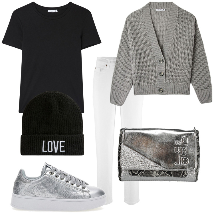 Outfit donna - Dicembre silver. Stile Trendy per Tutti i giorni. Abbinamento con jeans mom, cardigans, t-shirt, berretti, borse a spalla, sneakers.
