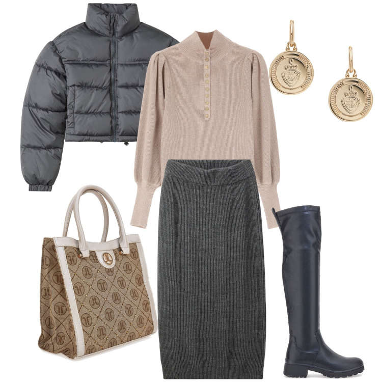 Outfit donna - Il bomber crop. Stile Casual chic per Ufficio. Abbinamento con gonne lunghe, blazer, maglieria, orecchini, stivali sopra il ginocchio, borse a spalla.