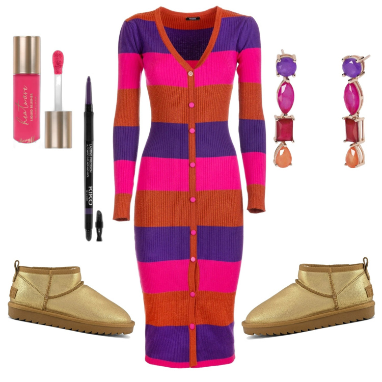 Outfit donna - A tutto colore!. Stile Casual per Tutti i giorni. Abbinamento con eyeliner, blush, orecchini, vestiti midi/longuette, stivali.