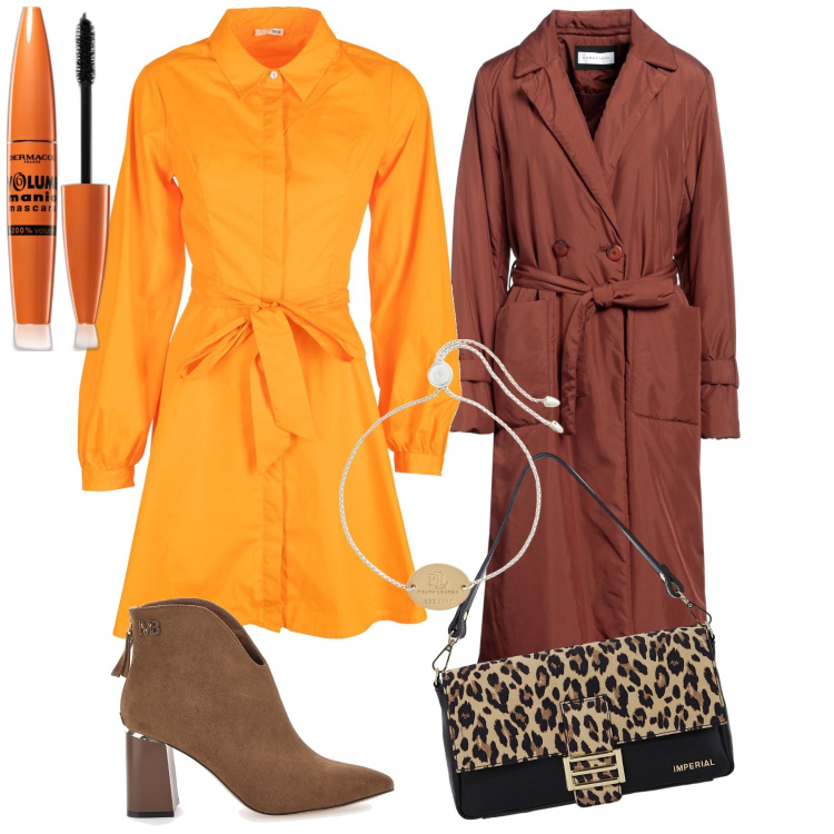 Outfit donna - Total look. Stile Urban per Ufficio. Abbinamento con cappotti, mascara, vestiti chemisier, borse a spalla, braccialetti con ciondoli, stivaletti.