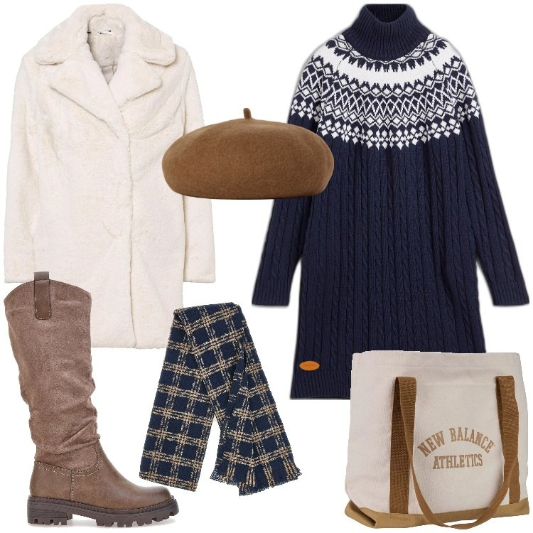 Outfit donna - Una gita in montagna. Stile Trendy per Tutti i giorni. Abbinamento con vestiti, ecopellicce, borse tote, stivali, cappelli e berretti, sciarpe.