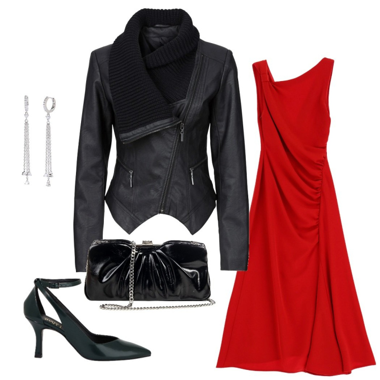 Outfit donna - Serata roulette. Stile Casual chic per Serata fuori. Abbinamento con blazer, orecchini, pochette, vestiti asimmetrici, décolleté.
