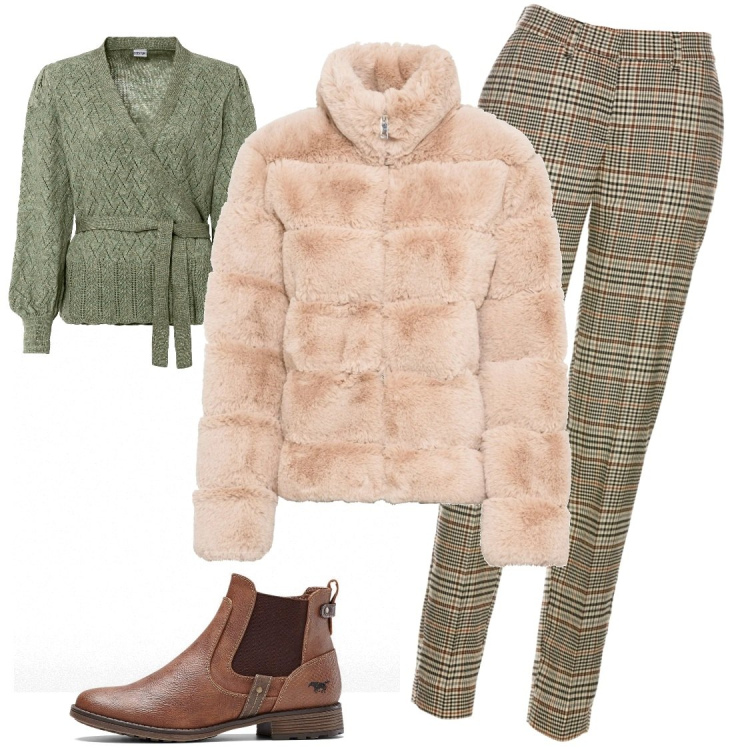 Outfit donna - Total look #2014373. Stile Casual chic per Tutti i giorni. Abbinamento con pantaloni, maglieria, ecopellicce, stivaletti chelsea.