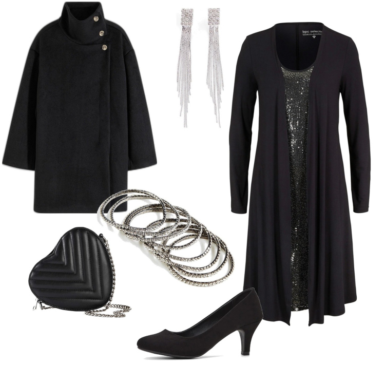 Outfit donna - It\'s party time. Stile Glamour per Serata fuori. Abbinamento con vestiti, décolleté, orecchini, cappotti, borse a tracolla, braccialetti.