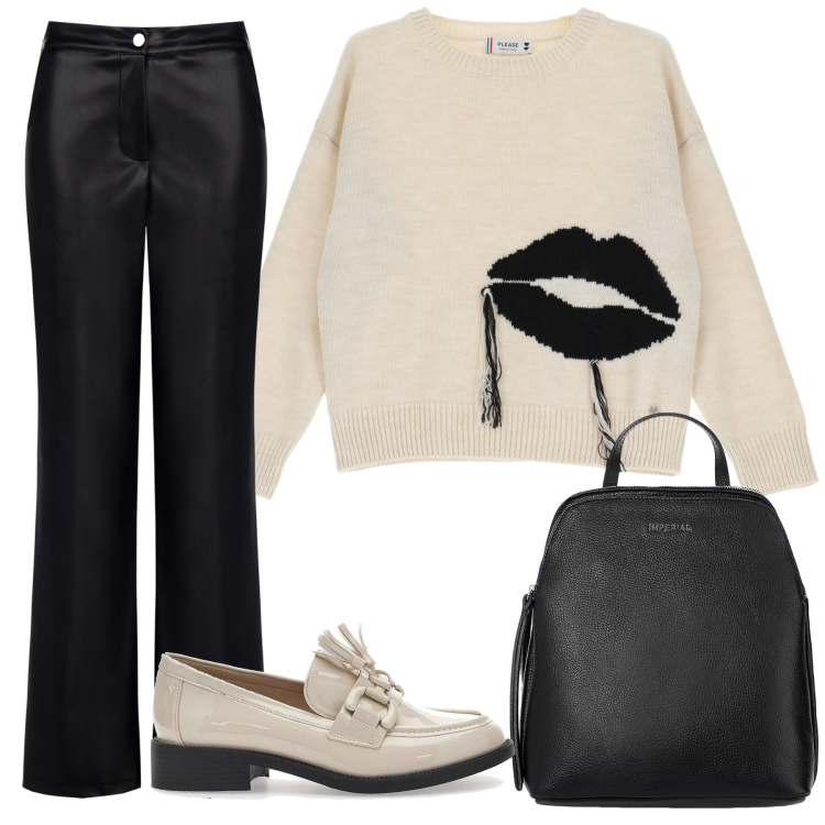 Outfit donna - Kiss. Stile Glamour per Tutti i giorni. look ideale per Petite. Abbinamento con pantaloni, maglieria, zaini, mocassini.
