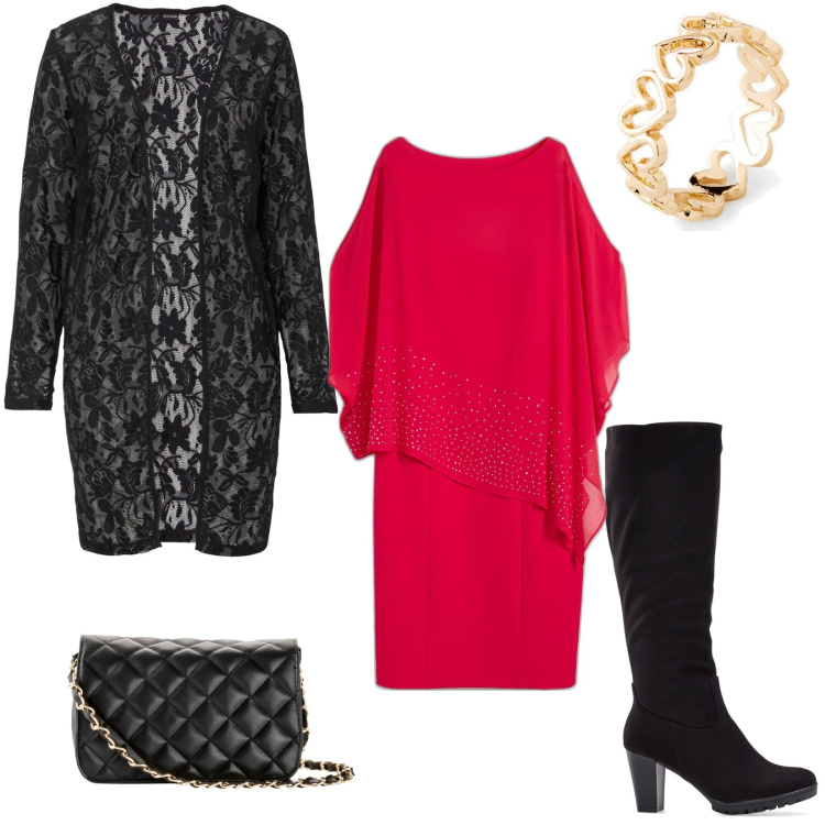 Outfit donna - It\'s party time. Stile Chic per Serata fuori. Abbinamento con stivali, borse a tracolla, vestiti a tubino, blazer, anelli.