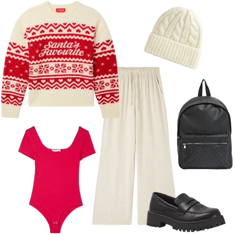 Outfit donna - Terranova Xmas Edition 2024. Stile Minimal per Tutti i giorni. Abbinamento con pantaloni, body, berretti, maglieria, mocassini, zaini.