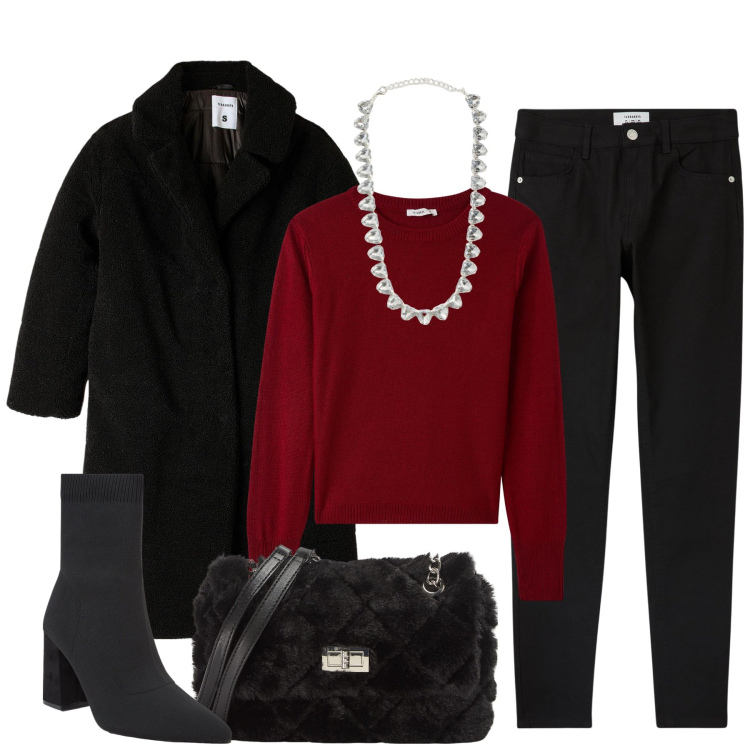 Outfit donna - Il tocco di rosso. Stile Casual chic per Tutti i giorni. Abbinamento con collane, maglieria, cappotti, borse a spalla, pantaloni skinny, stivaletti.