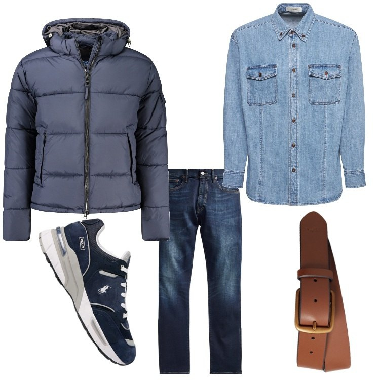 Outfit uomo - Denim su denim. Stile Casual per Tutti i giorni. Abbinamento con jeans, cinture, sneakers, giacche, camicie.