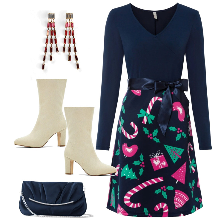 Outfit donna - Il party in tema Natalizio!. Stile Glamour per Serata fuori. Abbinamento con orecchini, pochette, vestiti corti, stivaletti.