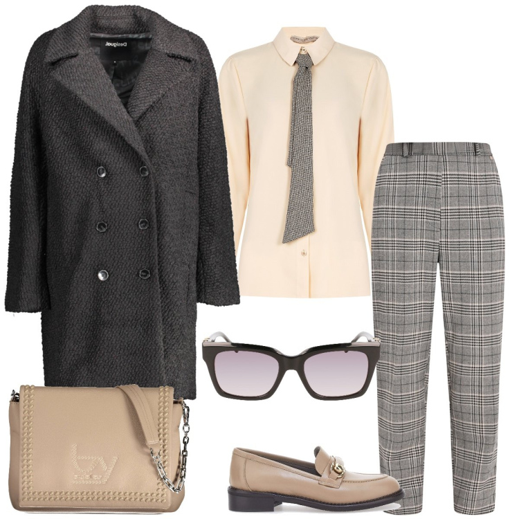Outfit donna - Total look #2014410. Stile Mannish per Ufficio. Abbinamento con pantaloni, bluse, mocassini, cappotti, borse a spalla, occhiali da sole.