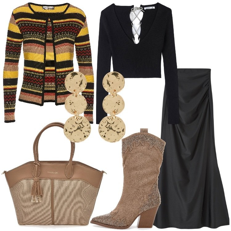 Outfit donna - Stile etnico per la serata. Stile Etnico per Serata fuori. Abbinamento con cardigans, gonne lunghe, maglieria, stivali, borse tote, orecchini.