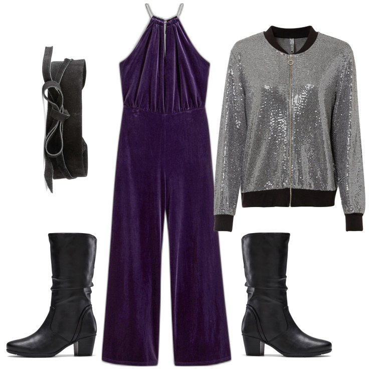 Outfit donna - Party glam in jumpsuite. Stile Glamour per Serata fuori. Abbinamento con cinture, stivali, tute, bomber.