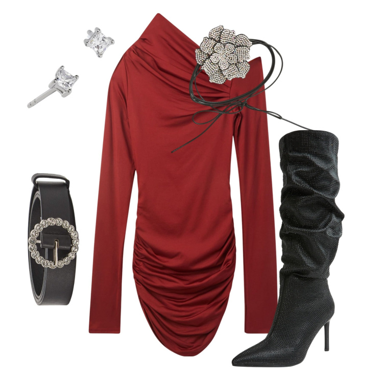 Outfit donna - Outfit scintillante. Stile Glamour per Serata fuori. Abbinamento con collane, vestiti asimmetrici, stivali, cinture, orecchini.