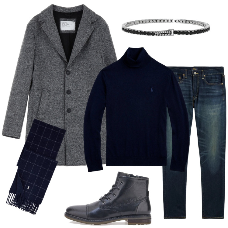 Outfit uomo - L'insegnante di lettere. Stile Business/Elegante per Tutti i giorni. Abbinamento con braccialetti, cappotti, jeans, sciarpe, maglieria, stivali e stivaletti.