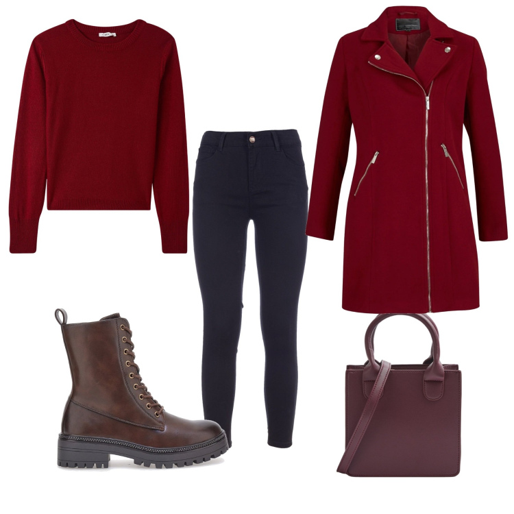 Outfit donna - Cosy Christmas. Stile Casual per Tutti i giorni. Abbinamento con cappotti, shopping bag, maglieria, jeans skinny, anfibi.