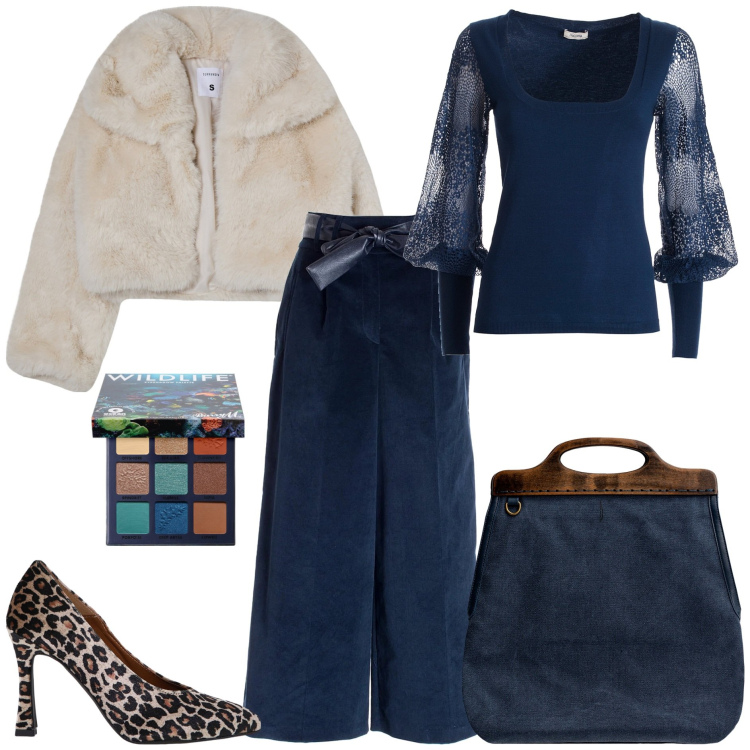 Outfit donna - Winter worderland. Stile Glamour per Tutti i giorni. Abbinamento con ombretti, blazer, maglieria, pantaloni culotte, décolleté, borse a tracolla.