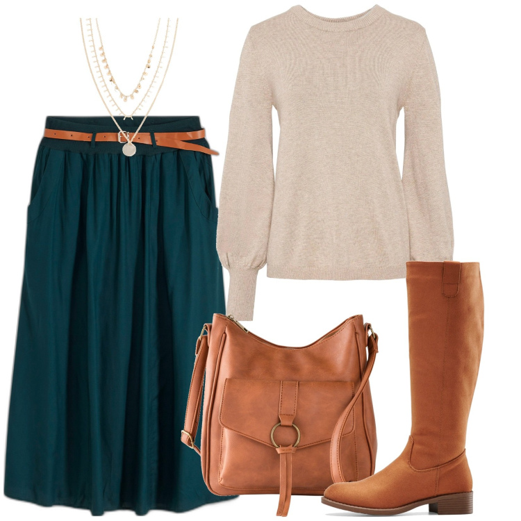 Outfit donna - Alla recita natalizia. Stile Casual per Tutti i giorni. Abbinamento con gonne lunghe, maglieria, stivali, borse a tracolla, collane.