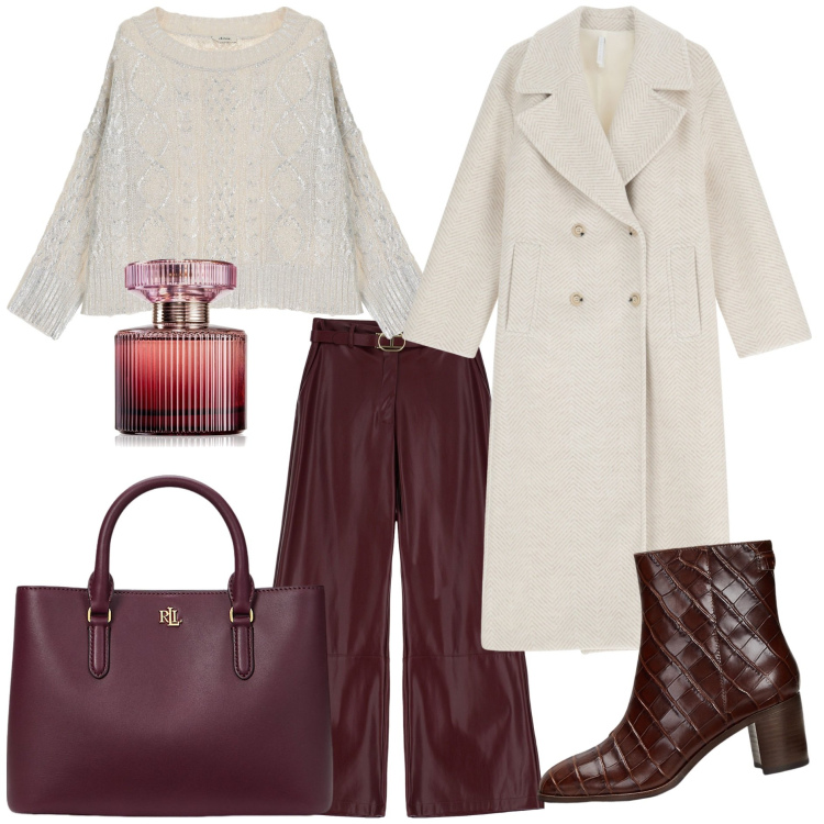 Outfit donna - Paese delle meraviglie. Stile Trendy per Tutti i giorni. Abbinamento con profumi, cappotti, pantaloni, maglieria, borse a mano, stivaletti.
