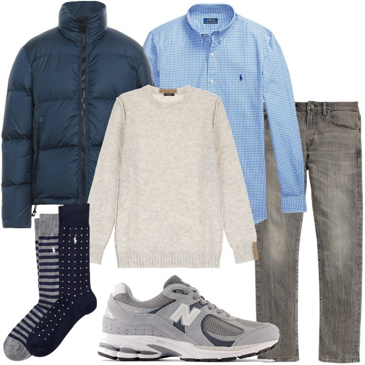 Outfit uomo - Dicembre in ufficio. Stile Casual per Ufficio. Abbinamento con piumini, sneakers, maglieria, calzini, jeans, camicie.