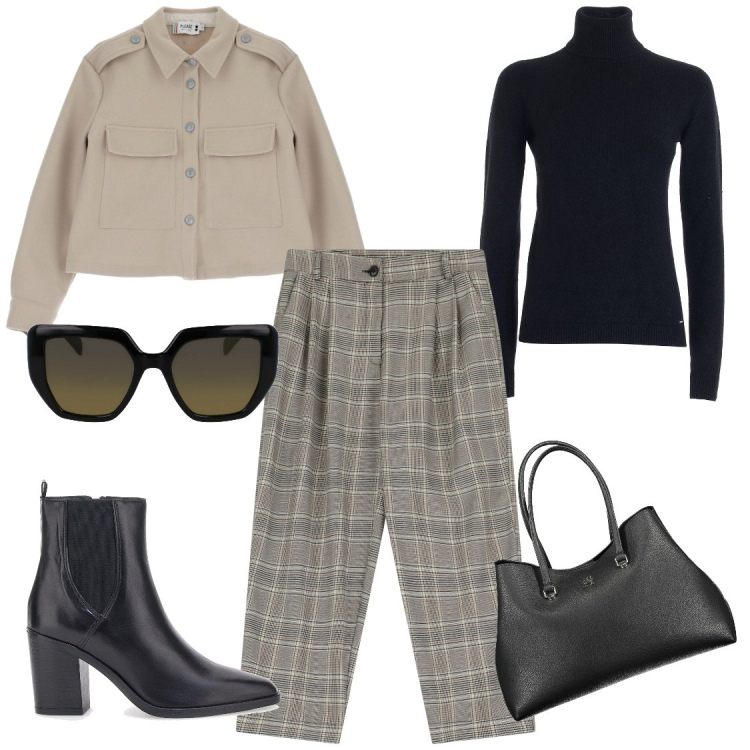 Outfit donna - Facilmente abbinabili. Stile Casual chic per Tutti i giorni. Abbinamento con pantaloni, blazer, maglieria, stivaletti, borse a spalla, occhiali da sole.