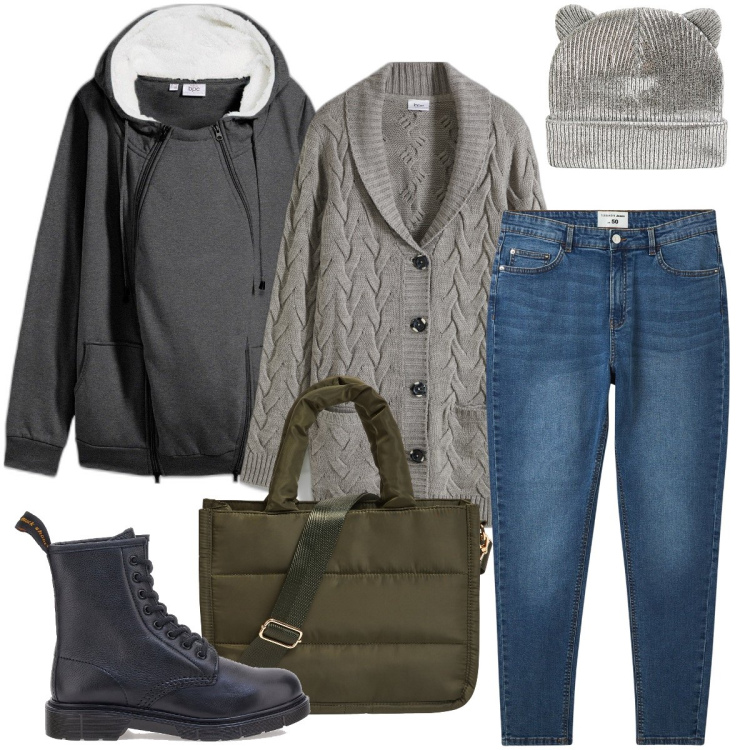 Outfit donna - Il berretto con le orecchie. Stile Casual per Tutti i giorni. Abbinamento con cardigans, blazer, jeans skinny, shopping bag, berretti, anfibi.
