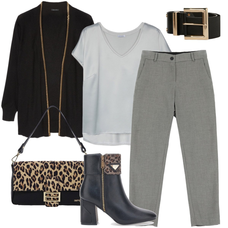 Outfit donna - Dettagli leopardati. Stile Sexy per Serata fuori. Abbinamento con pantaloni, borse a spalla, stivaletti, cardigans, t-shirt, cinture.