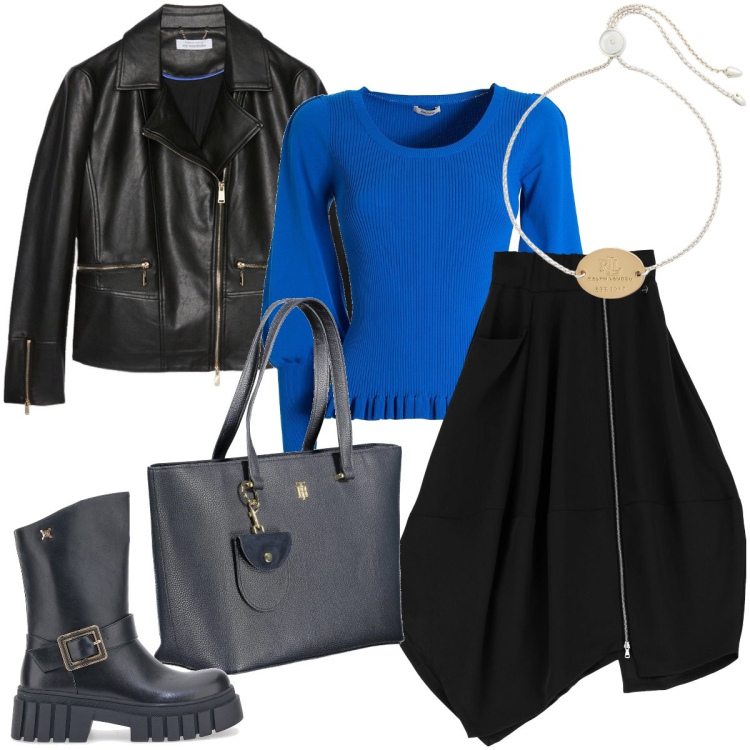 Outfit donna - La gonna asimmetrica. Stile Trendy per Serata fuori. Abbinamento con maglieria, gonne longuette, braccialetti con ciondoli, stivaletti, borse a spalla, blazer.
