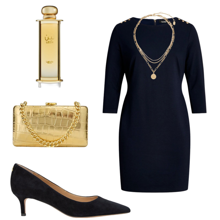 Outfit donna - Eleganza avvolgente. Stile Chic per Serata fuori. Abbinamento con profumi, ciondoli, vestiti, décolleté, clutch.