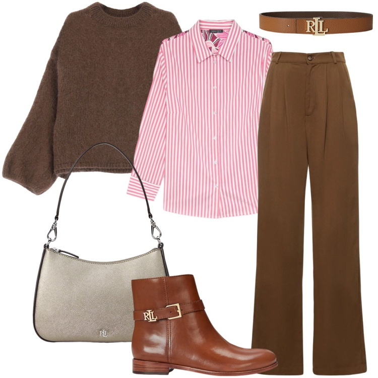 Outfit donna - La camicia a righe. Stile Casual chic per Ufficio. Abbinamento con pullovers, cinture, stivaletti, borse a spalla, pantaloni, camicie.