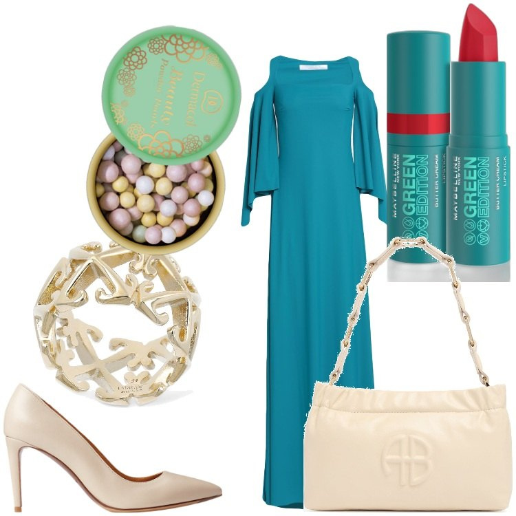 Outfit donna - Verde in festa. Stile Chic per Serata fuori. Abbinamento con vestiti lunghi, blush, rossetti, décolleté, anelli, borse a spalla.