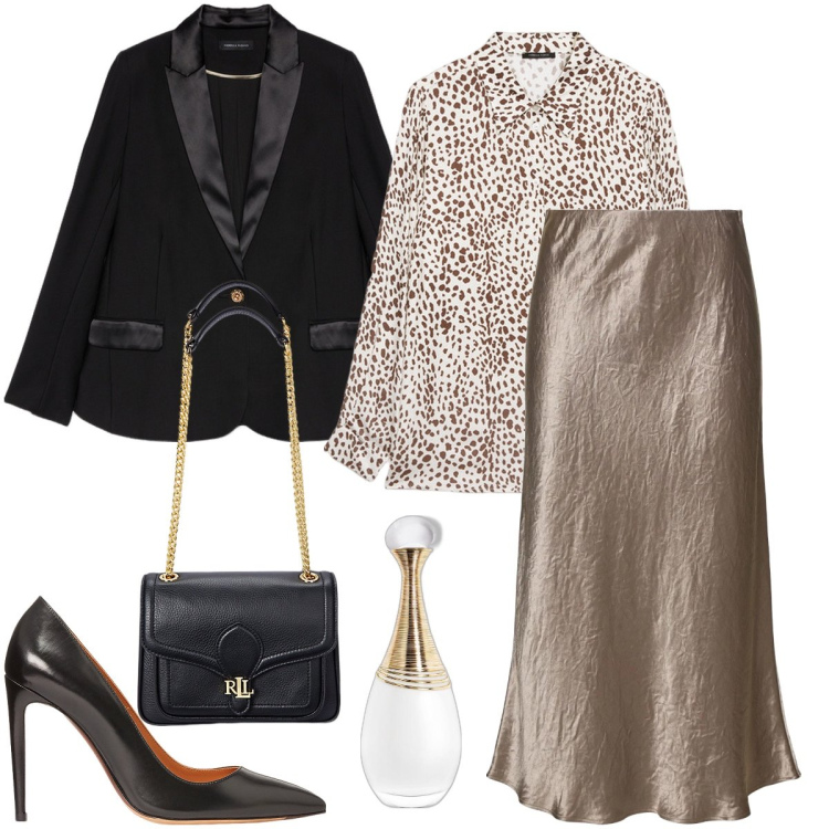 Outfit donna - La giacca con dettagli in raso. Stile Chic per Cerimonia. Abbinamento con profumi, borse a spalla, décolleté, gonne longuette, blazer, camicie.