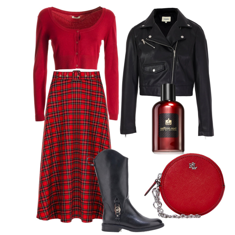 Outfit donna - Tartan @laloba in stile rock. Stile Urban per Tutti i giorni. Abbinamento con profumi, gonne longuette, cardigans, blazer, pochette, stivaletti.