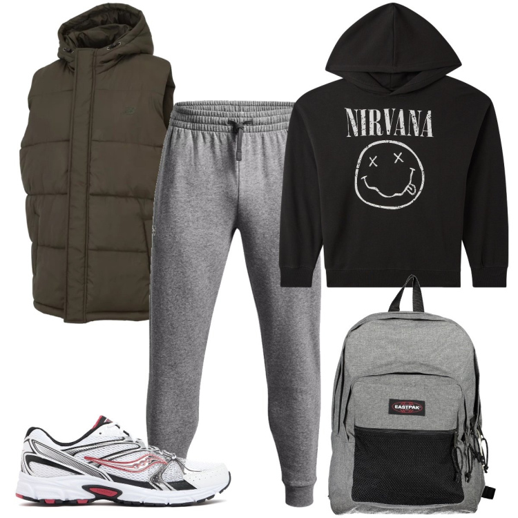 Outfit uomo - La felpa con cappuccio. Stile Casual per Sport. Abbinamento con gilet, felpe con cappuccio, pantaloni, borse sportive, sneakers.