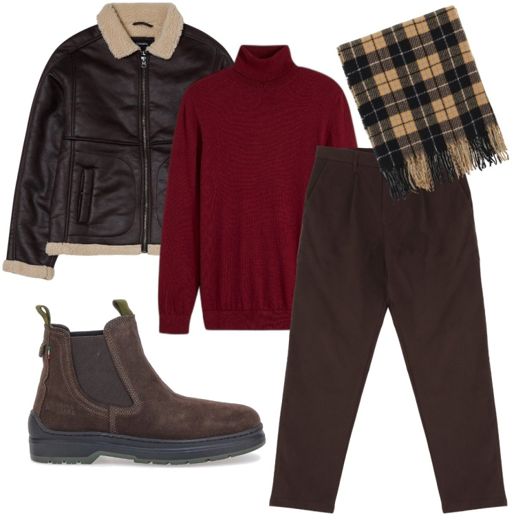 Outfit uomo - Marrone e bordeaux. Stile Business/Elegante per Ufficio. Abbinamento con maglieria, giacche, pantaloni chino, sciarpe, stivali e stivaletti.