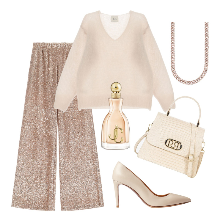 Outfit donna - Natale scintillante. Stile Glamour per Serata fuori. Abbinamento con profumi, collane, borse a mano, pantaloni, maglieria, décolleté.