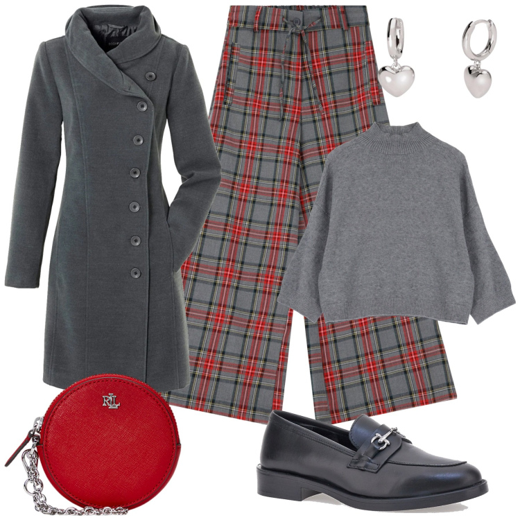 Outfit donna - Tartan di dicembre. Stile Casual chic per Tutti i giorni. Abbinamento con cappotti, orecchini, pantaloni, pullovers, pochette, mocassini.