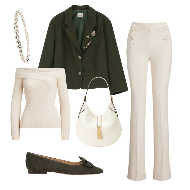 Outfit donna - Aria di festa. Stile Bon Ton per Serata fuori. Abbinamento con blazer, ballerine, borse a spalla, maglieria, pantaloni, braccialetti.