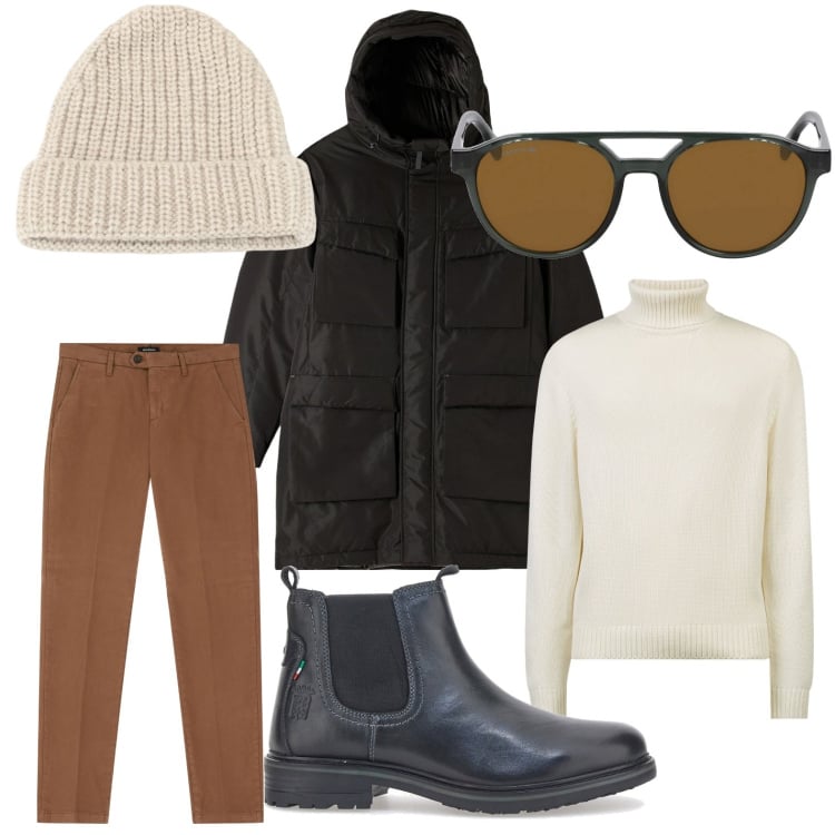 Outfit uomo - Tra le luci della città. Stile Trendy per Serata speciale. Abbinamento con parka, pantaloni chino, berretti, maglieria, stivali e stivaletti, occhiali da sole.