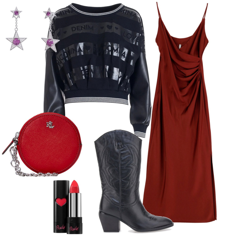 Outfit donna - Party look. Stile Trendy per Serata fuori. Abbinamento con rossetti, orecchini, felpe, vestiti midi/longuette, pochette, stivaletti.