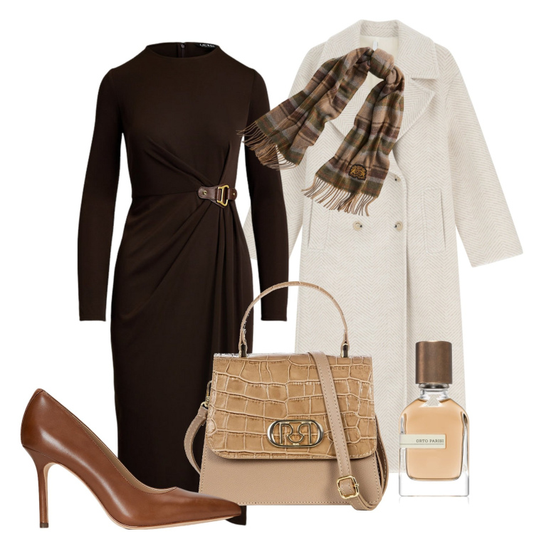Outfit donna - Eleganza avvolgente. Stile Glamour per Cerimonia. Abbinamento con profumi, borse a mano, cappotti, vestiti, décolleté, sciarpe.