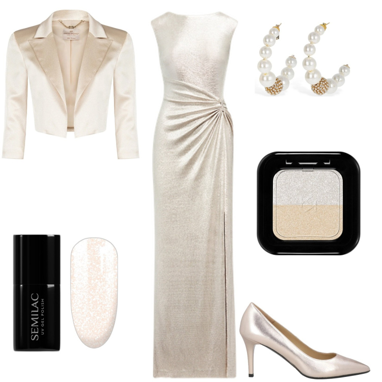 Outfit donna - Sposa a dicembre. Stile Chic per Cerimonia. Abbinamento con décolleté, ombretti, smalti, bolero, vestiti, orecchini.