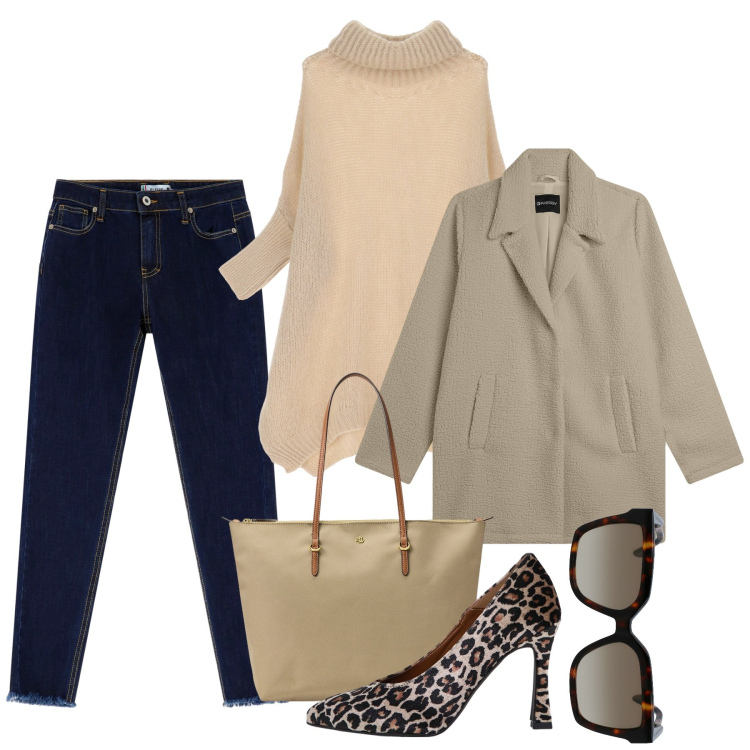 Outfit donna - Eleganza avvolgente. Stile Chic per Serata fuori. Abbinamento con jeans skinny, maglieria, décolleté, cappotti, borse tote, occhiali da sole.